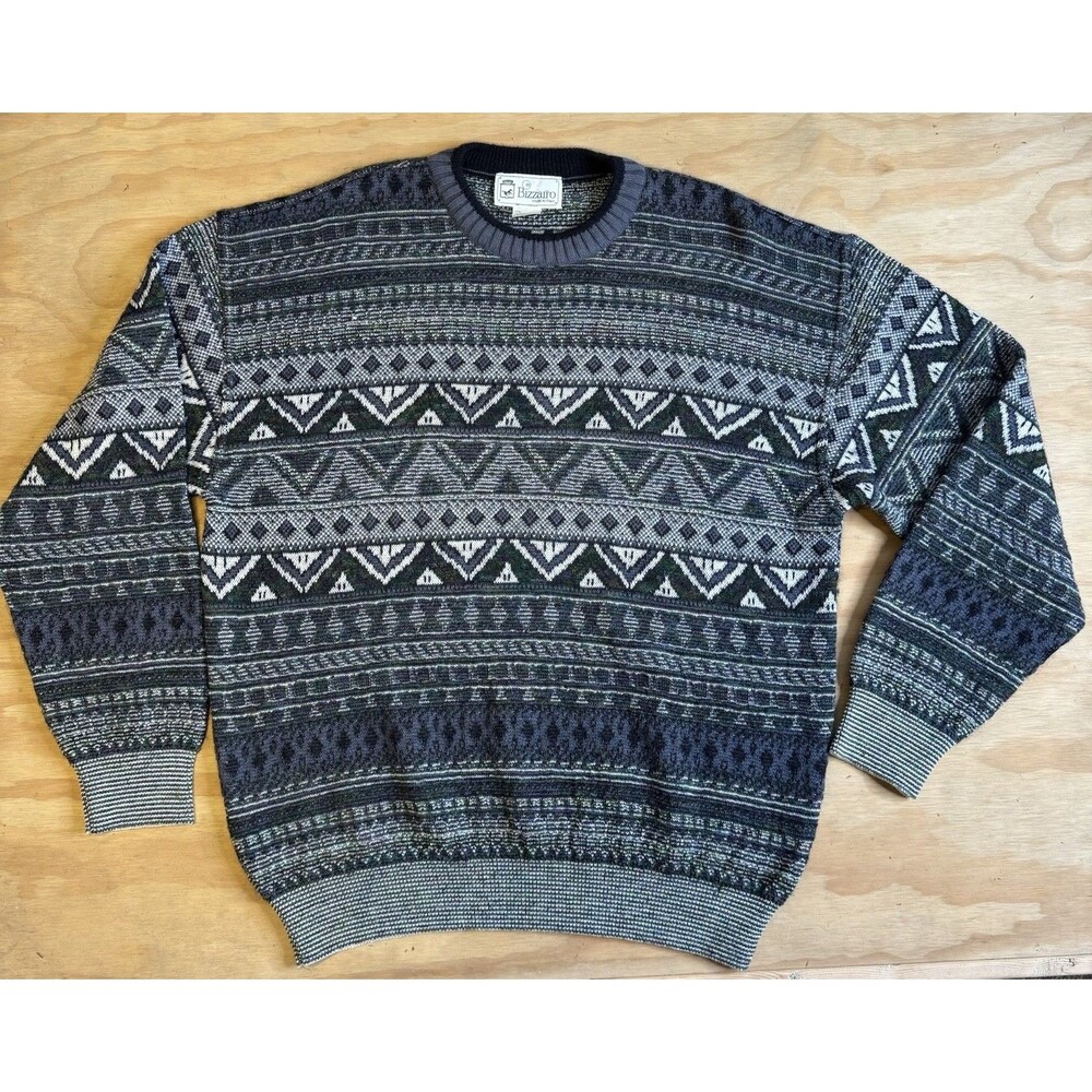 Vintage Bizzarro Gray Geometric Wool Sweater Mens Large (IT 50) Made in Italy